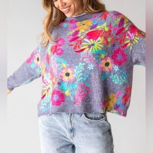 Natural Life Floral Cashmere-Like Mock Sweater  Charcoal Pink Poppy Size XS/S
